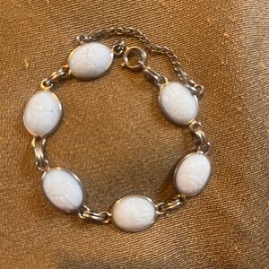 Egyptian Revival scarab beetle molded white glass vintage mid century bracelet